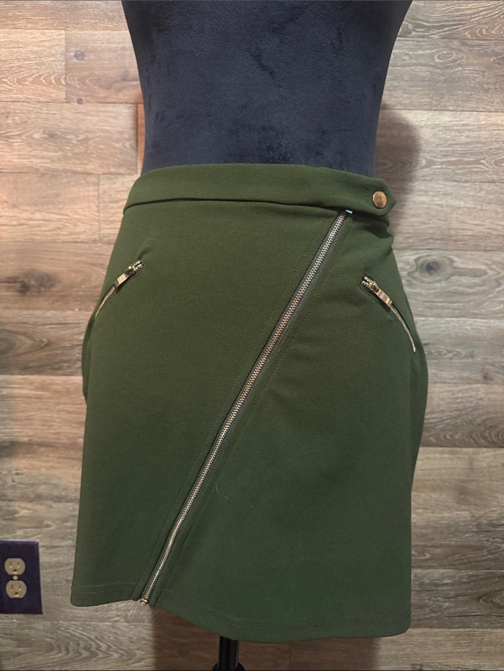 Olive Green gold Zip-Front Mini Skirt Medium
